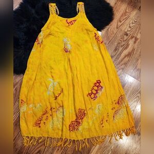 Yellow Midi Boho Dress with Wooden Bead Straps And Fringe Bottom